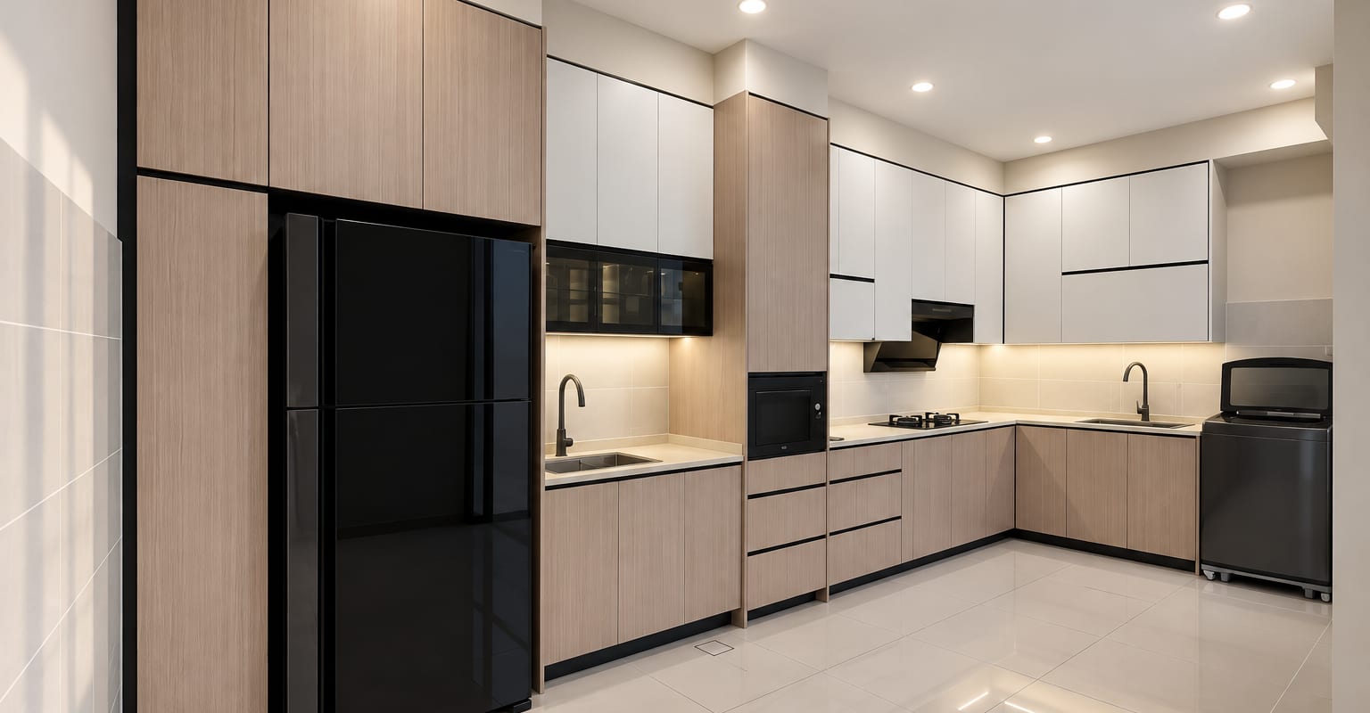 A fitted kitchen with wood-grain and white cabinet fronts running the full length of two walls.